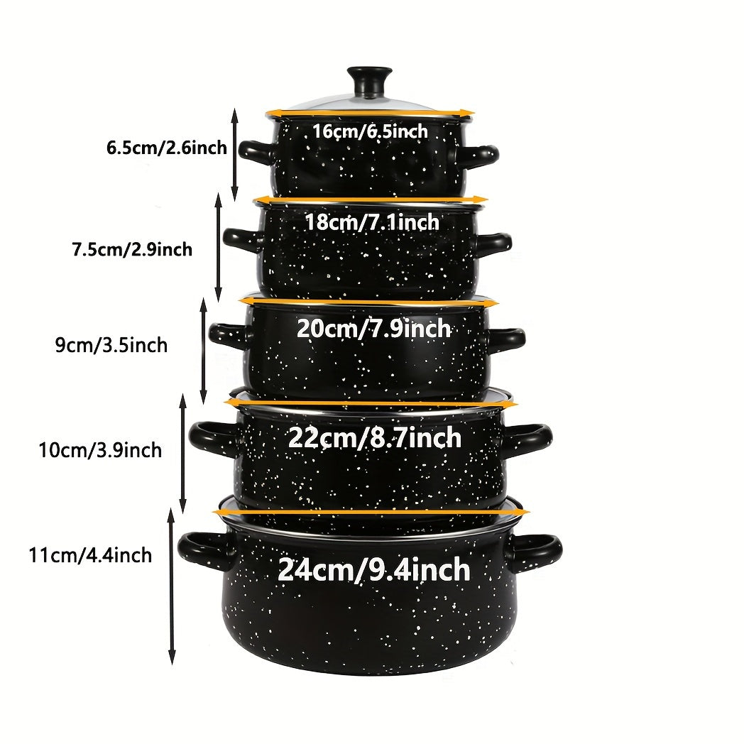 Set of 5 Enamel Cookware Pots for Soup Stew and More, Lightweight and Portable