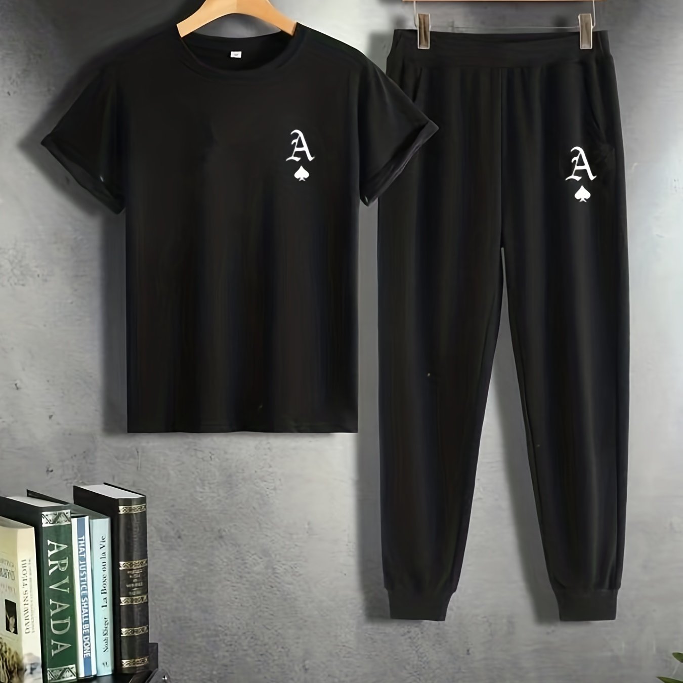 Men's Black Short Sleeve T-Shirt and Pockets Trousers Pajama Set Spring Summer Casual