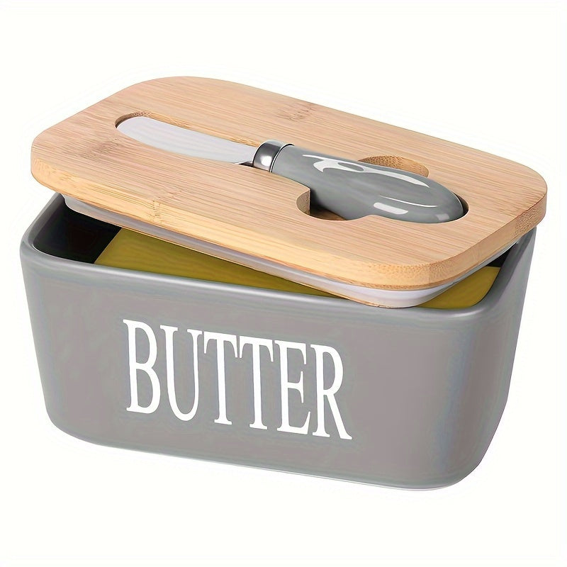 Ceramic Butter Dish Set with Bamboo Lid and Knife, Airtight Countertop Storage