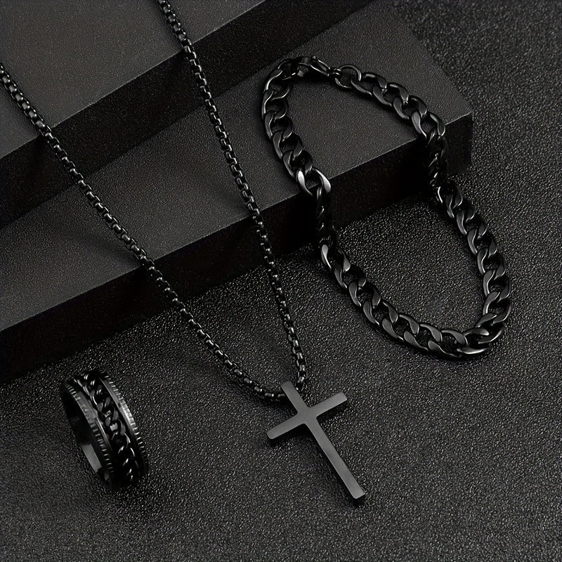 Set of Three Dark Cross Stainless Steel Jewelry Pieces for Men and Women