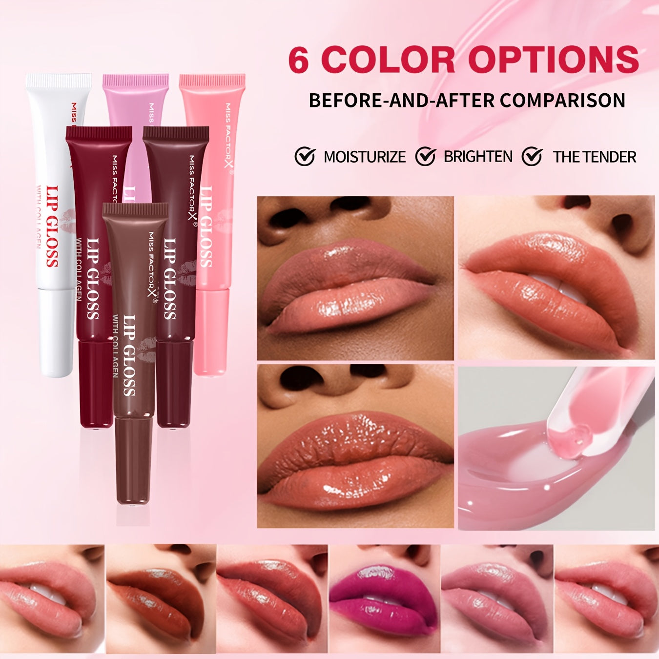 Women Lip Gloss Set 6 Pieces Hyaluronic Acid Hydrating Brightening Gift