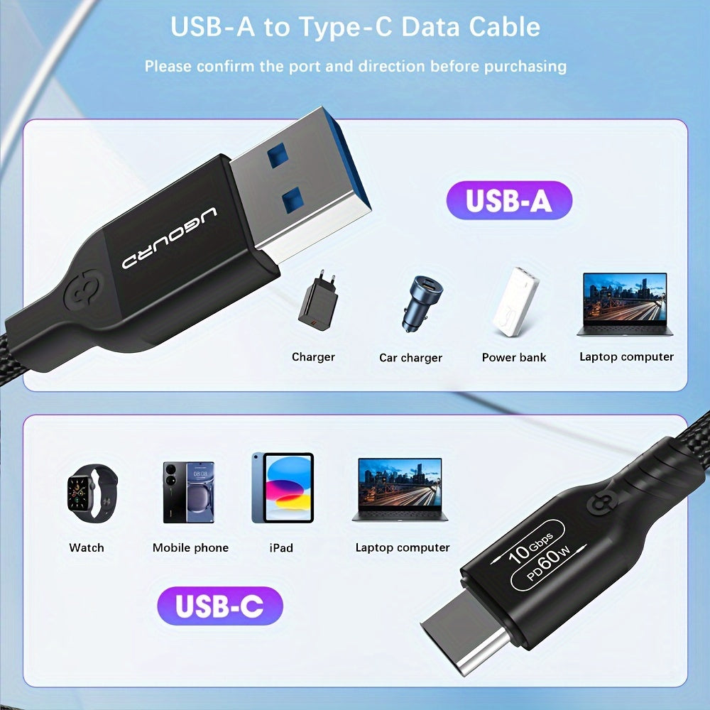 USB3.2 Gen2 USB-A dan Type-C kabel, 10Gbps ma'lumot uzatish tezligi, 20V3A 60W maksimal quvvat uzatish. Telefon, Pad, iPhone15 Pro Max, iPad, noutbuk, PC, SSD qutisi bilan mos keladi.