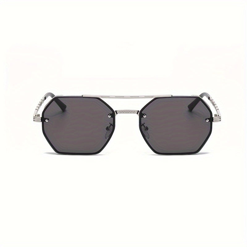 Unisex Polygonal Gold Frame Sunglasses with Chain Link Design