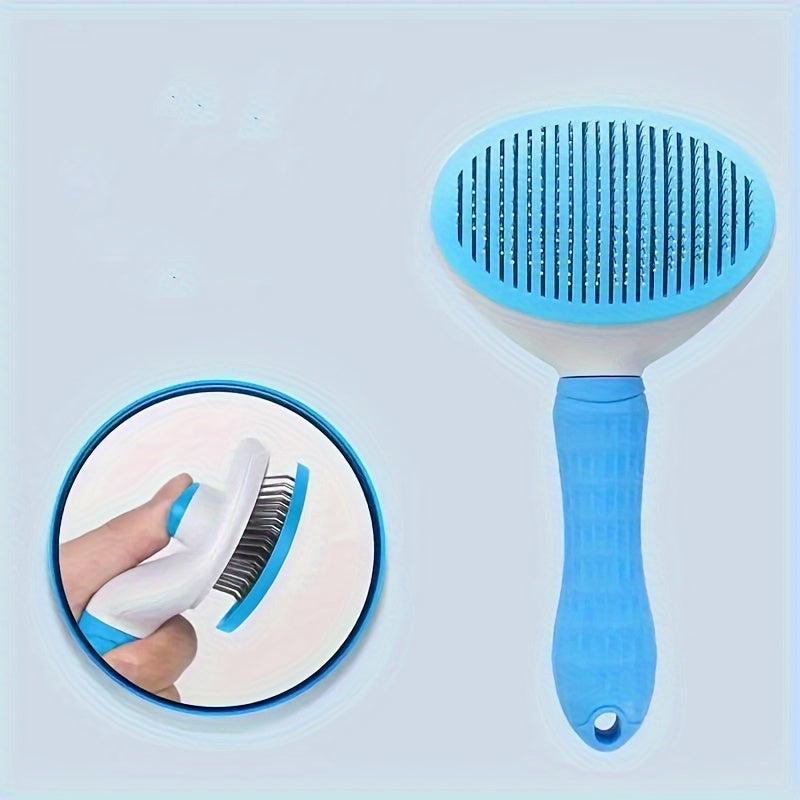 Pet Grooming Brush for Dogs and Cats with One-Click Hair Removal Blue and White