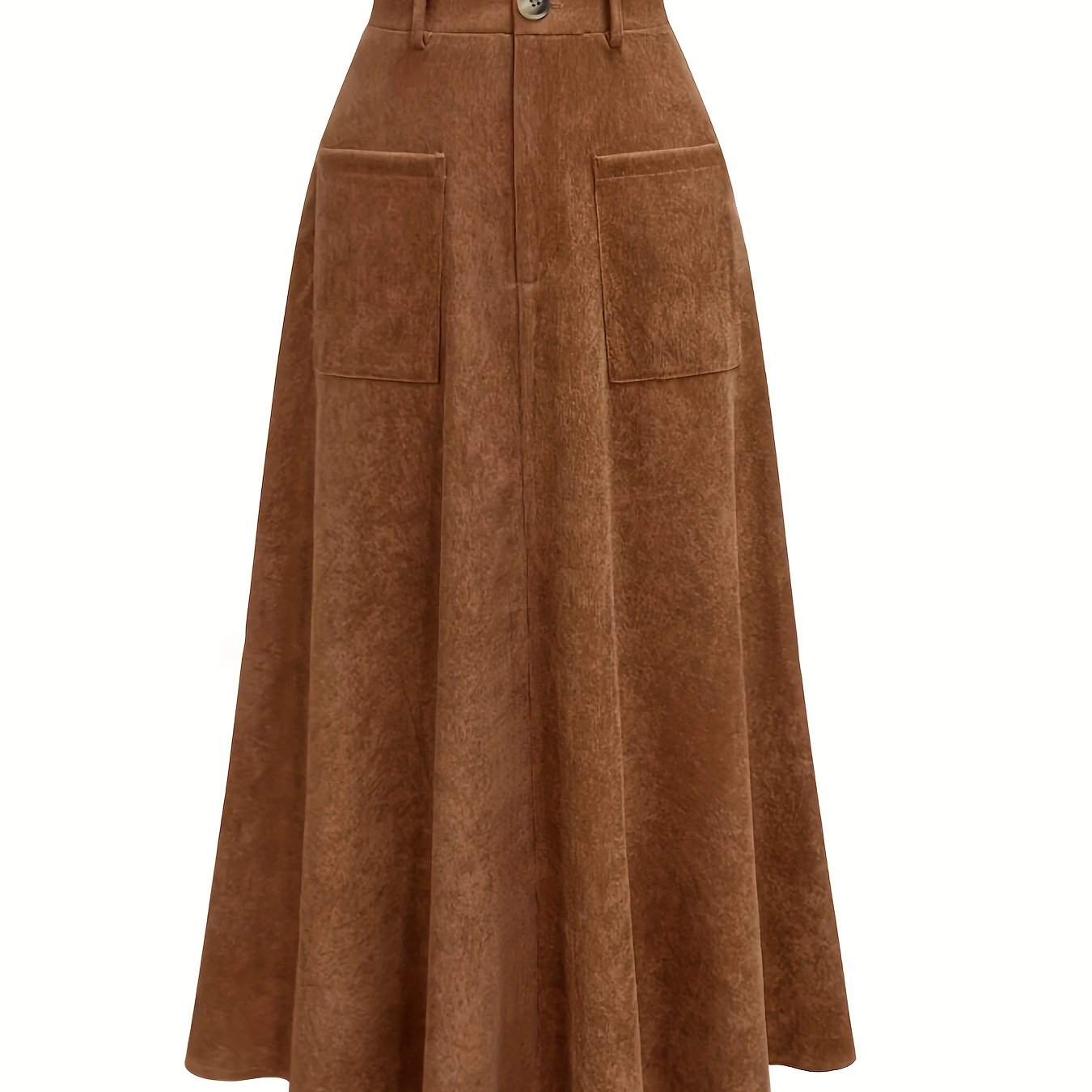 Women's Brown Corduroy Midi Skirt High Waist A-Line Pockets Machine Washable