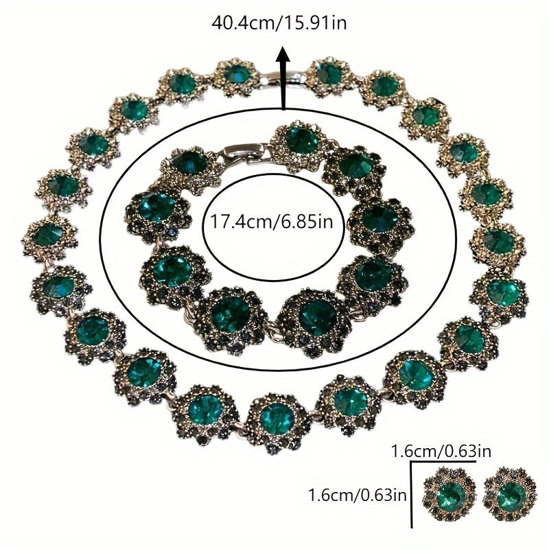 Women’s Jewelry Set with Green Rhinestones Necklace Bracelet Earrings for Special Occasions