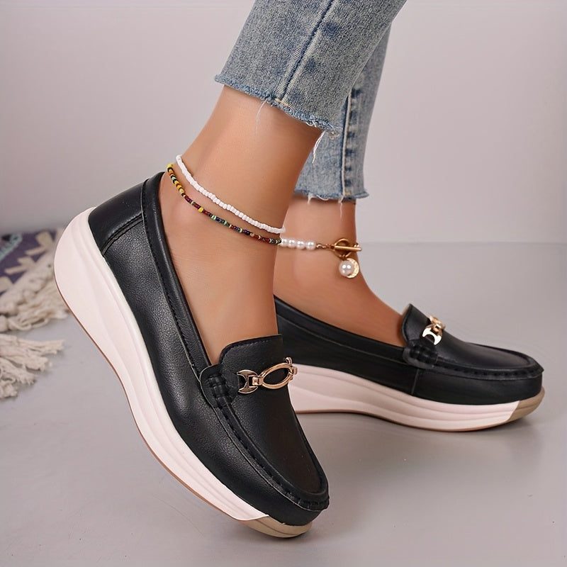 Women's Loafers with Metal Buckle Slip-On Flats Non-Slip Casual Shoes