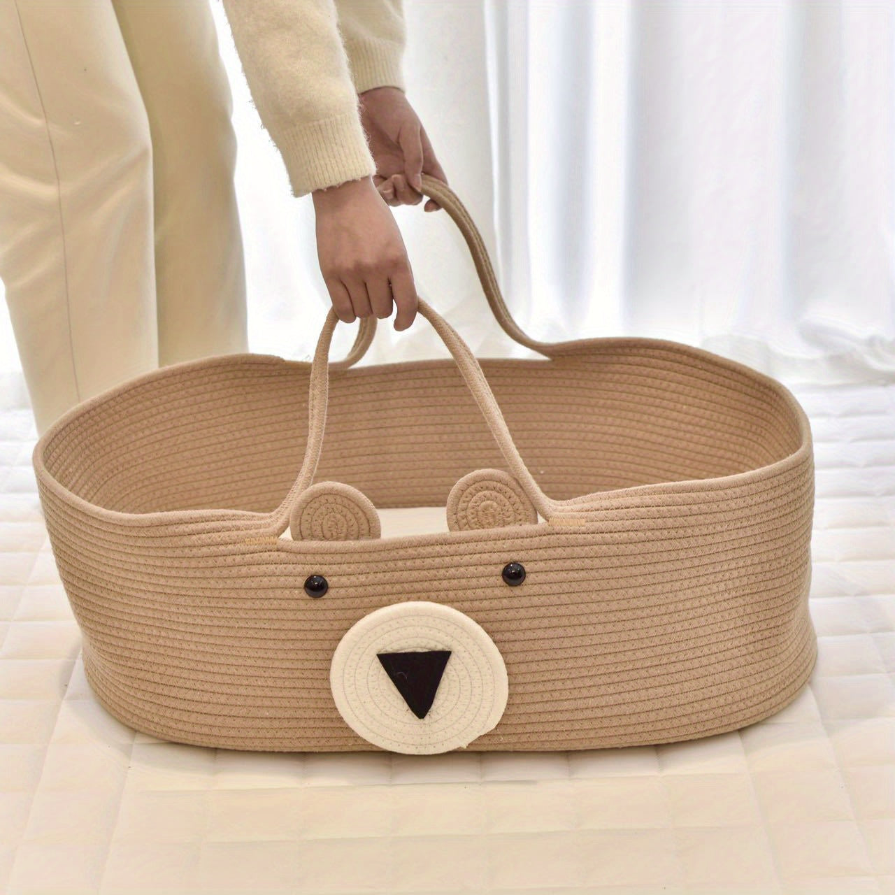 Baby Crib with Bear Design and Foldable Fabric Cradle with Storage Basket for Newborns to 3 Years