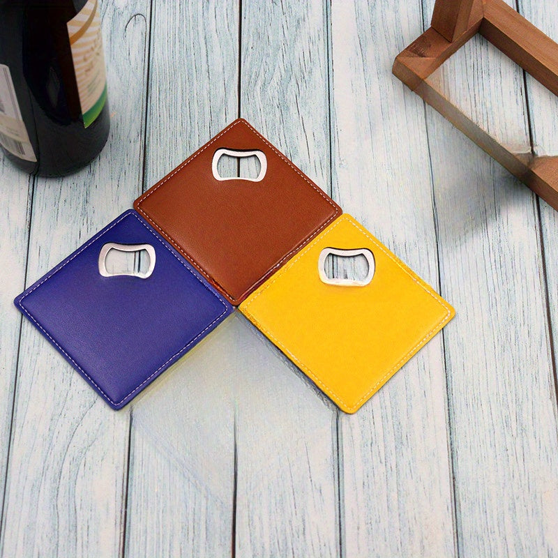 Posavasos personalizados de acero inoxidable con abrebotellas y abridores de cerveza de cuero cuadrado