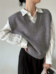 Chaleco de punto sólido sin mangas con escote en V para mujer, ideal para otoño e invierno