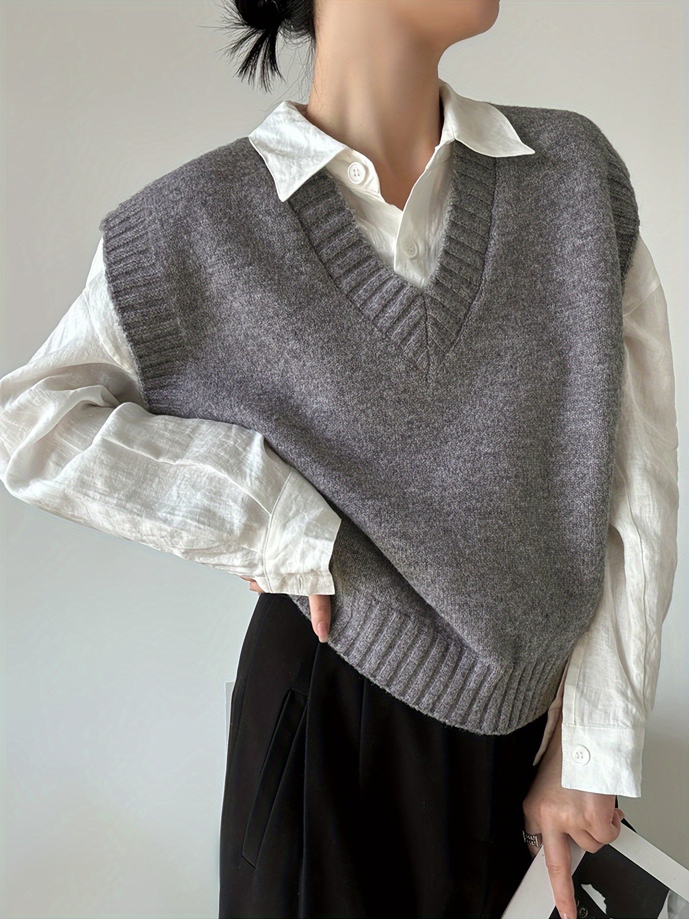 Chaleco de punto sólido sin mangas con escote en V para mujer, ideal para otoño e invierno