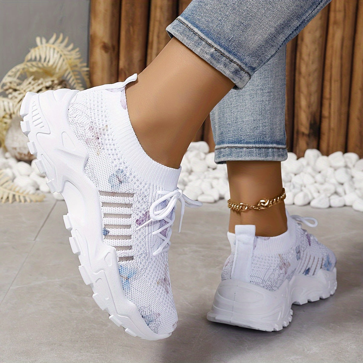 Women's White Breathable Running Sneakers with Pastel Purple Blue Accents