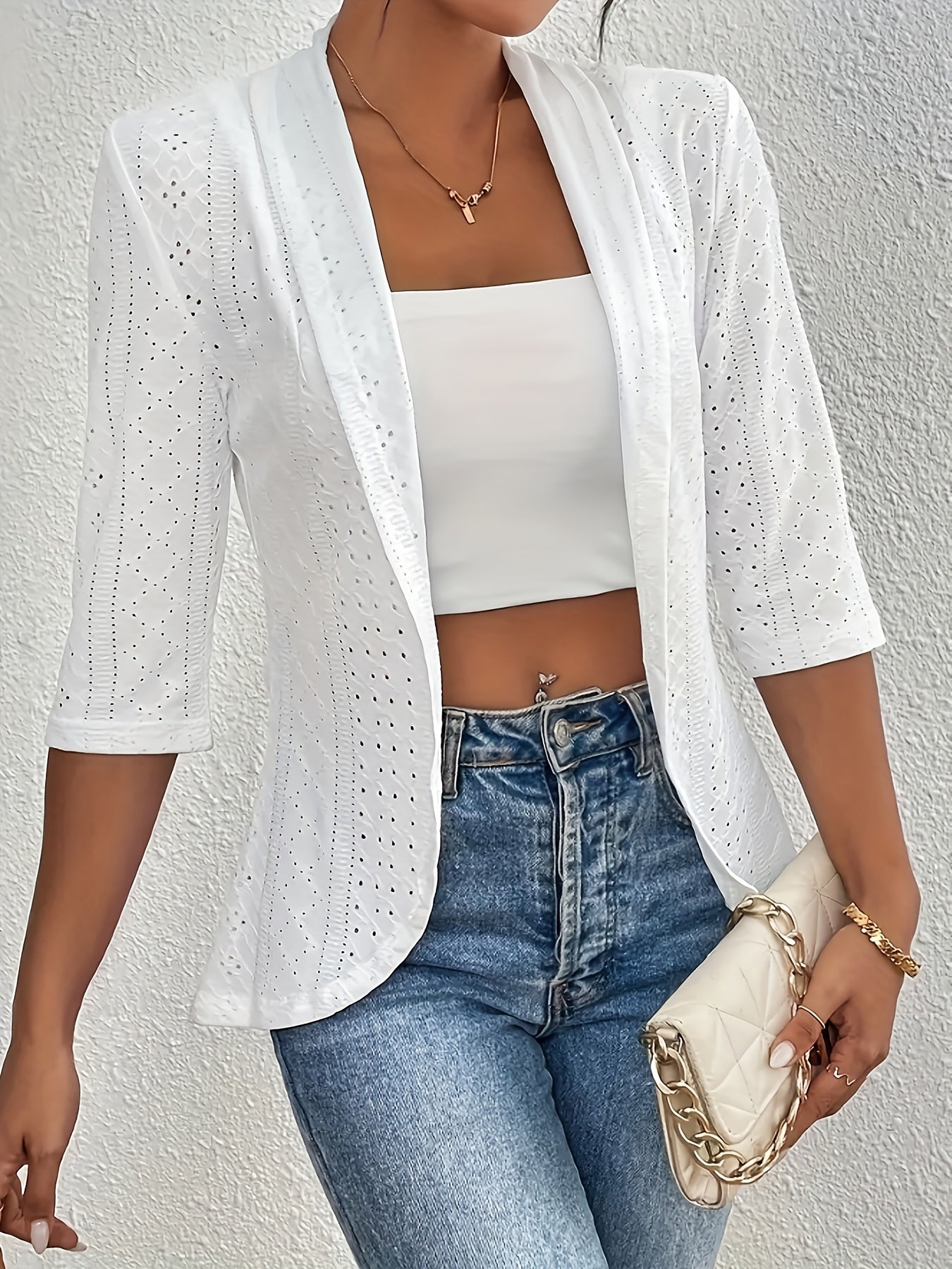 Plus Size Women's Light White Half Sleeve Cardigan with Eyelet Embroidery