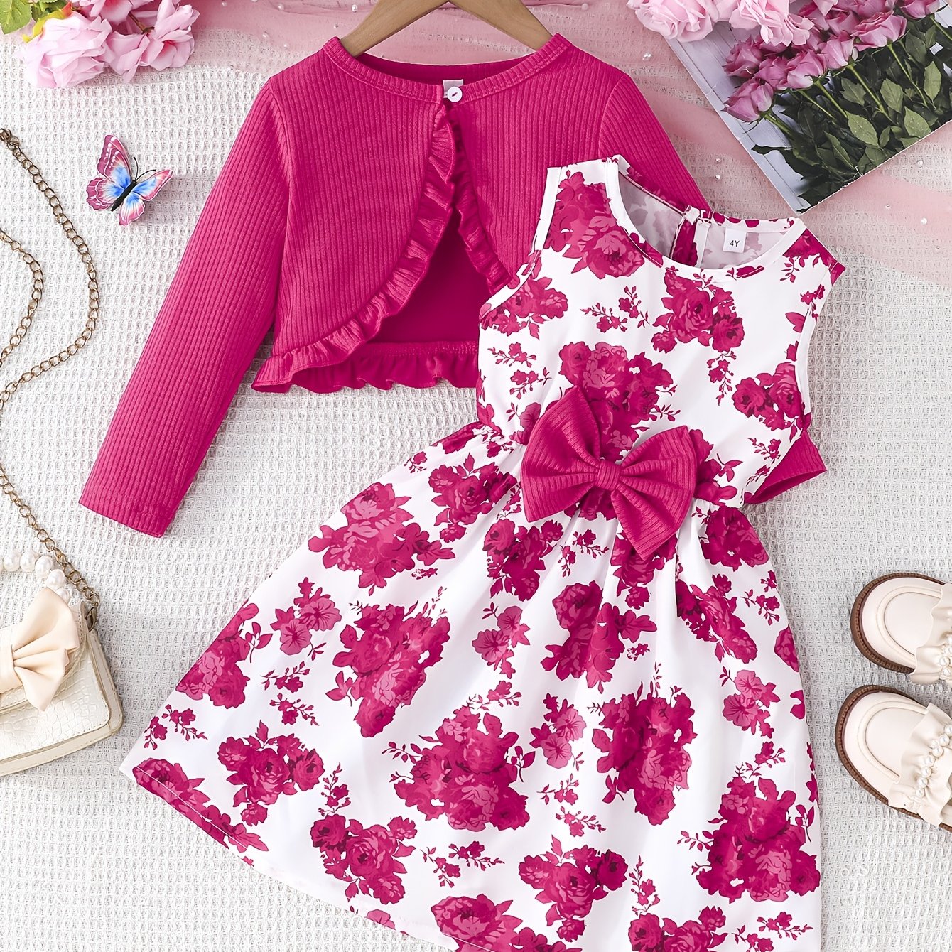 Girls' Floral Sleeveless A-Line Dress Set with Cardigan Polyester Blend Spring Fall Casual