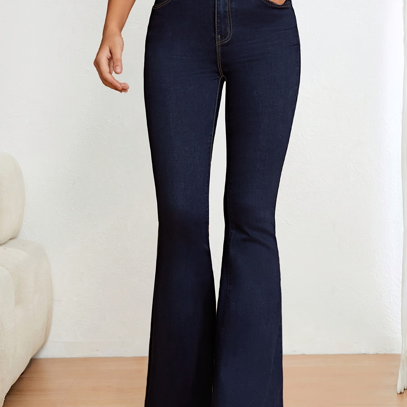 Women's High-Waisted Flare Jeans Blue Denim Slim Fit Long Length