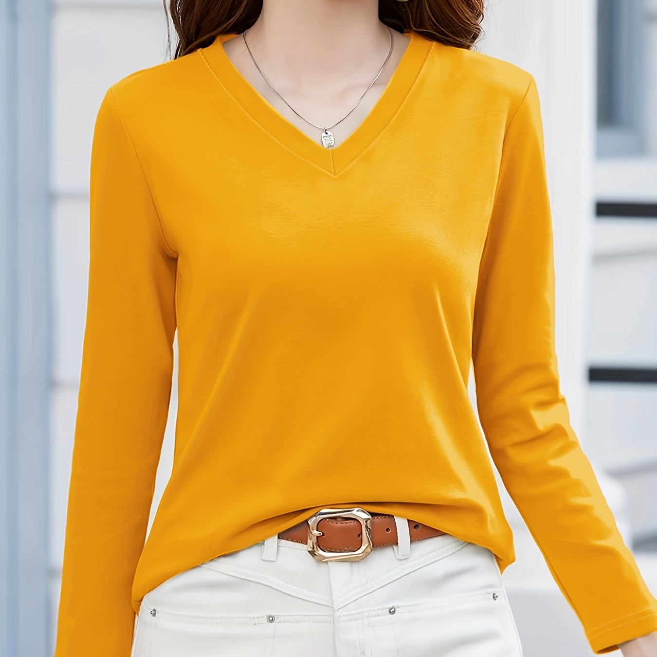 Women's Solid Color V-Neck Casual Top Polyester Spring Summer Mid Elasticity
