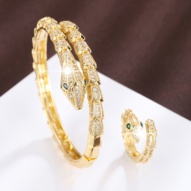Women's Serpent-Inspired Jewelry Set with Zirconia Bracelet and Ring