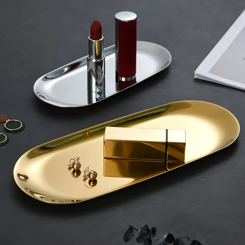 Organizador de bandeja de acero inoxidable dorado para maquillaje, perfume, joyas y decoración de baño