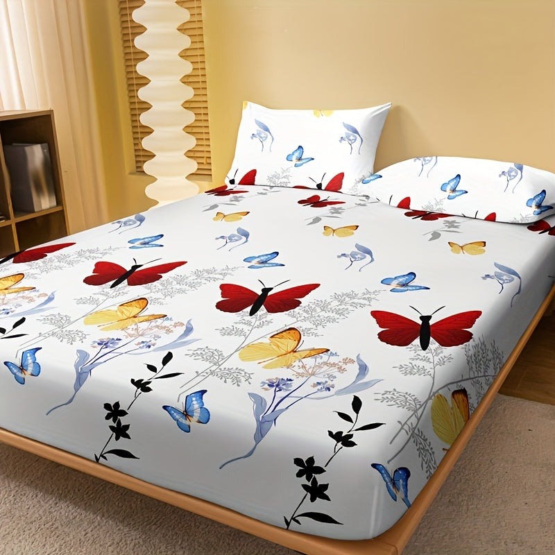 Sábana ajustada con estampado de mariposas, suave y cómoda, con bolsillo profundo, ropa de cama para dormitorio o habitación de invitados