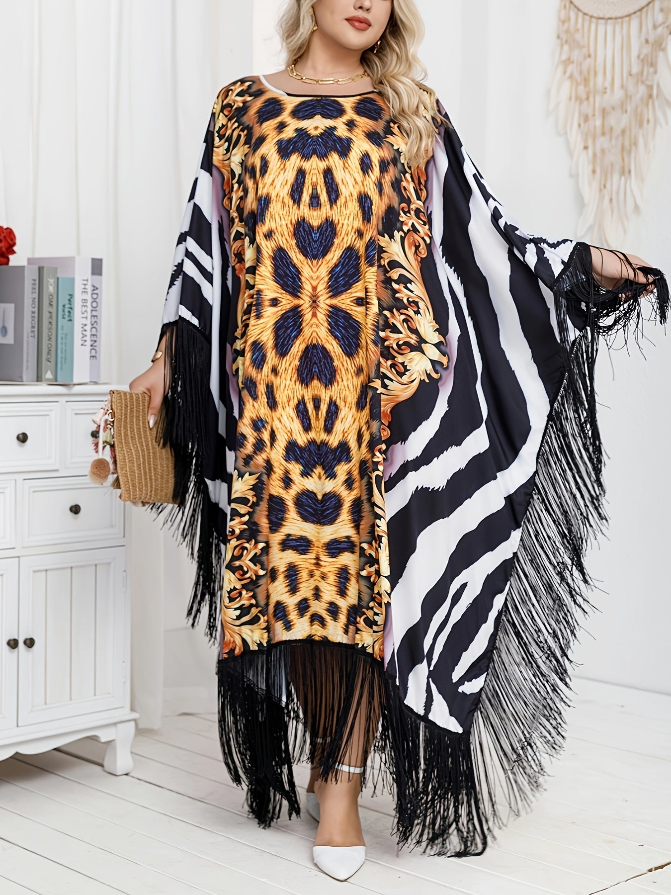 Plus Size Women's Bat Sleeve Tassel Panel Dress Loose Summer Fashion