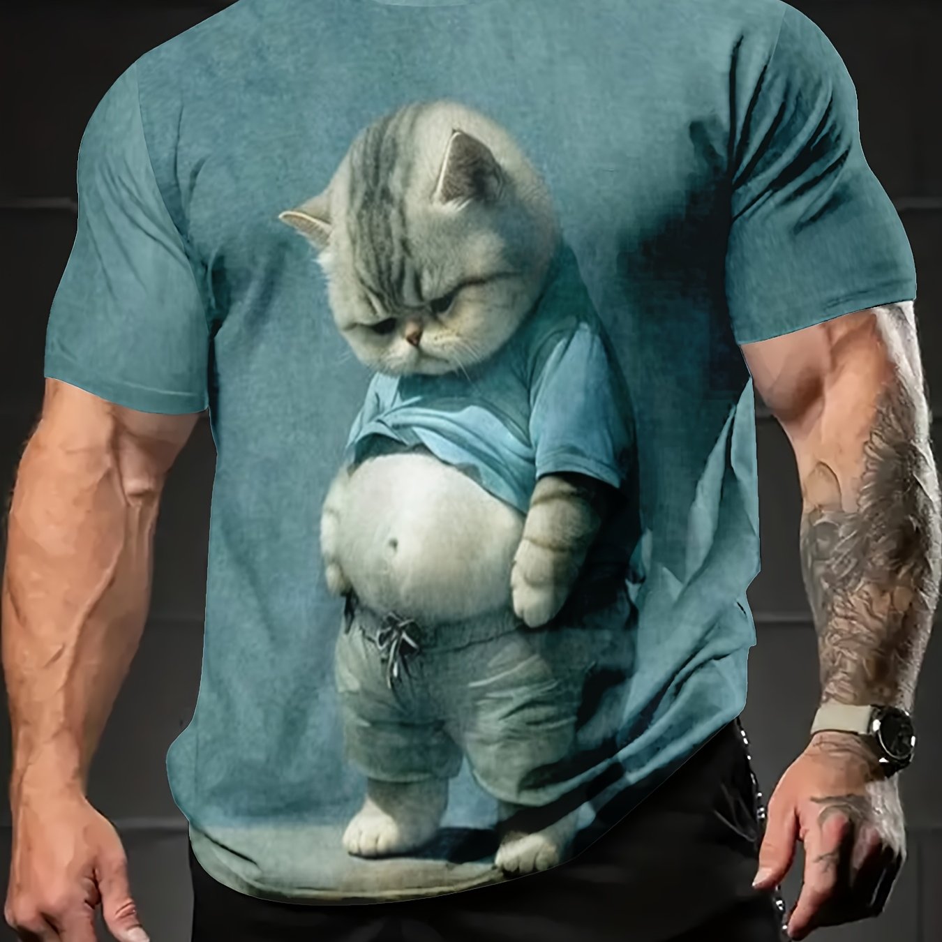 Camiseta de manga corta con cuello redondo y estampado de gato 3D para hombre