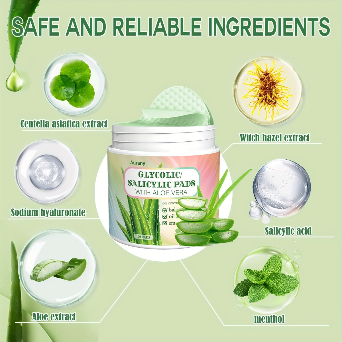 AURANY 100 Pad: Aloe Vera Glycolic/Salycilik Kislota, Uniseks Kattalar, Spirtli emas, Namlantiruvchi, Eksfoliatsiya qiluvchi, Pora kichraytiruvchi, Chuqur tozalovchi, Barcha teri turlari, Aloe Vera hidli, Qo'shimcha yo'q.