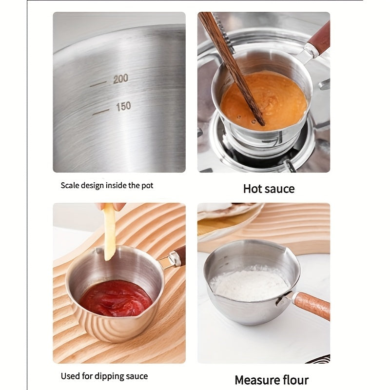 Stainless steel milk warmer with wooden handle for coffee and liquids