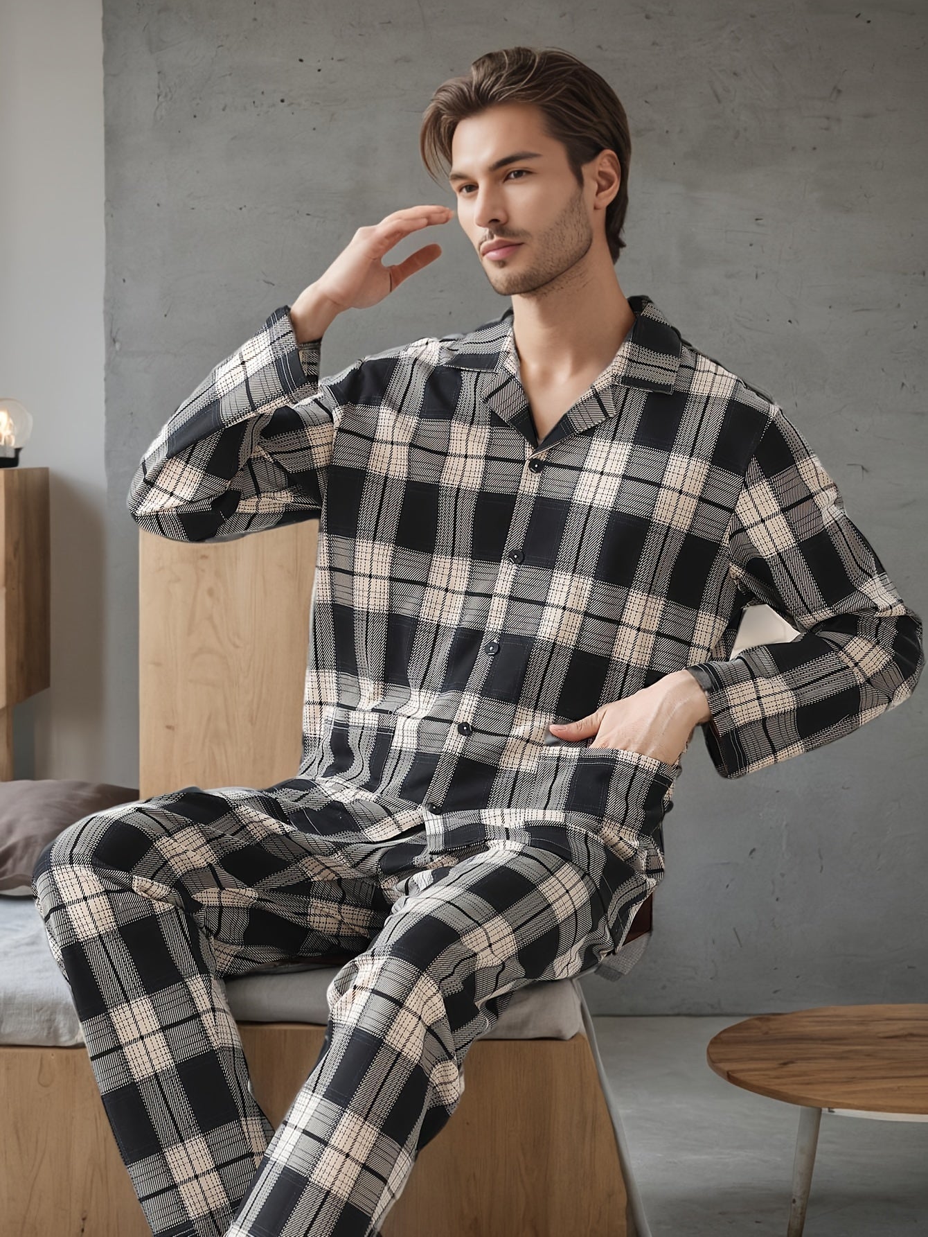 Men's Plaid Pajama Set Long Sleeve Lapel Collar Casual Spring Fall Polyester Elastane