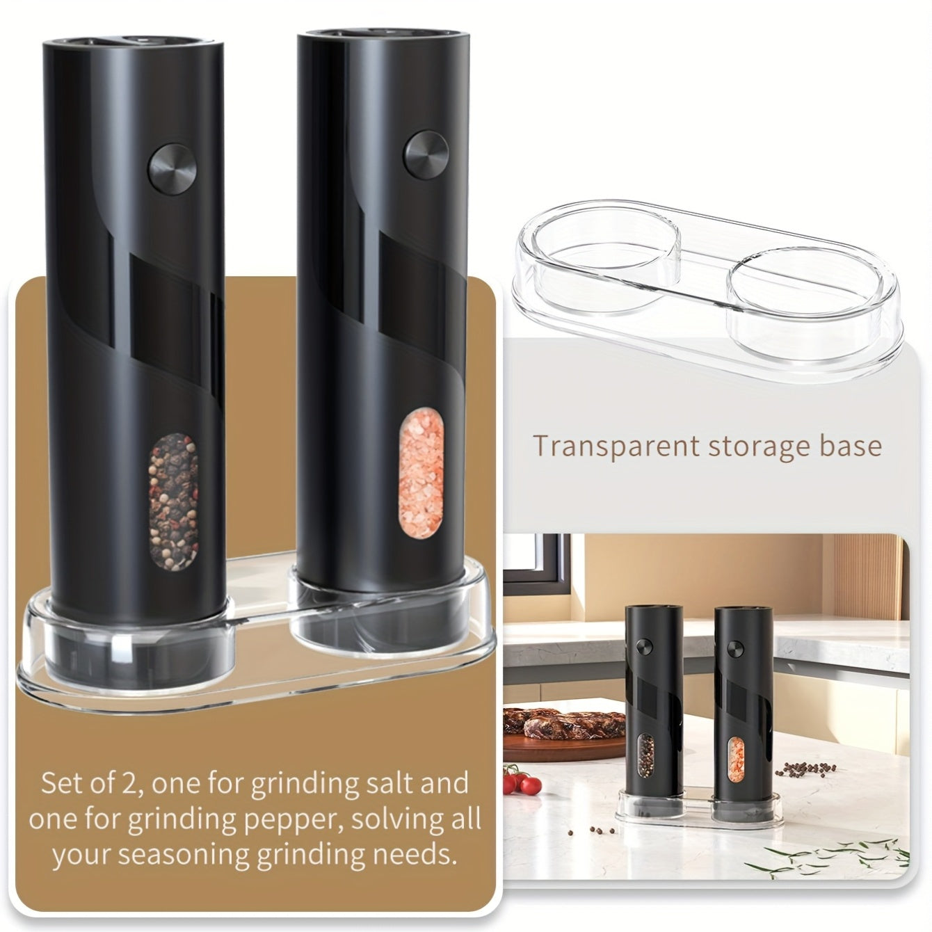 LED chirog'i bilan elektr tuz va murch maydalagich to'plami, sozlanadigan qattiqlik, to'ldiriladigan, bitta qo'l bilan ishlash uchun oshxona asbobi