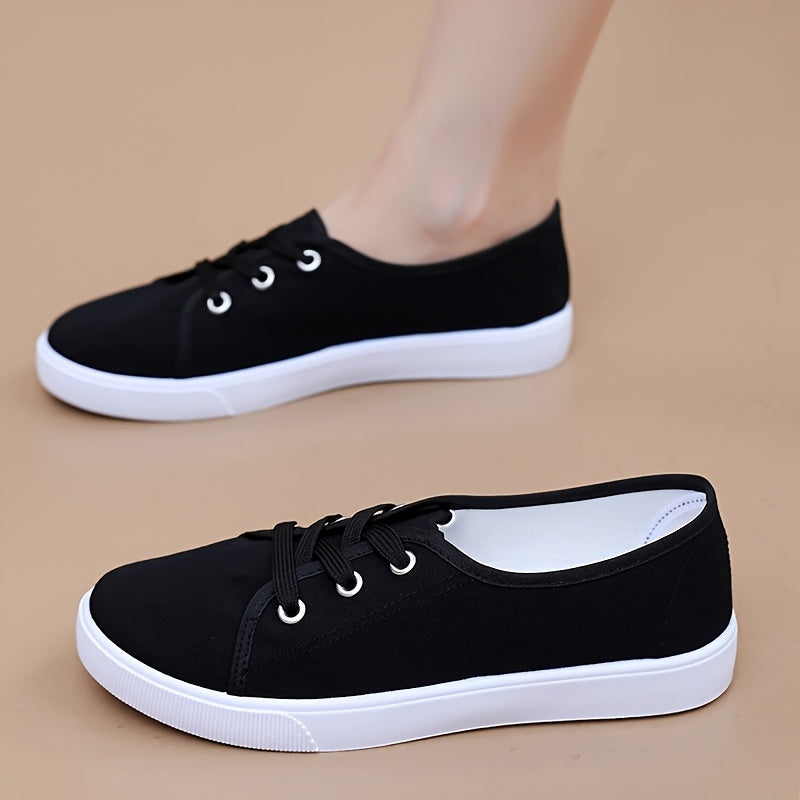 Women's Low-Top Lace-Up Flats Beige Black Breathable Casual All-Season Shoes