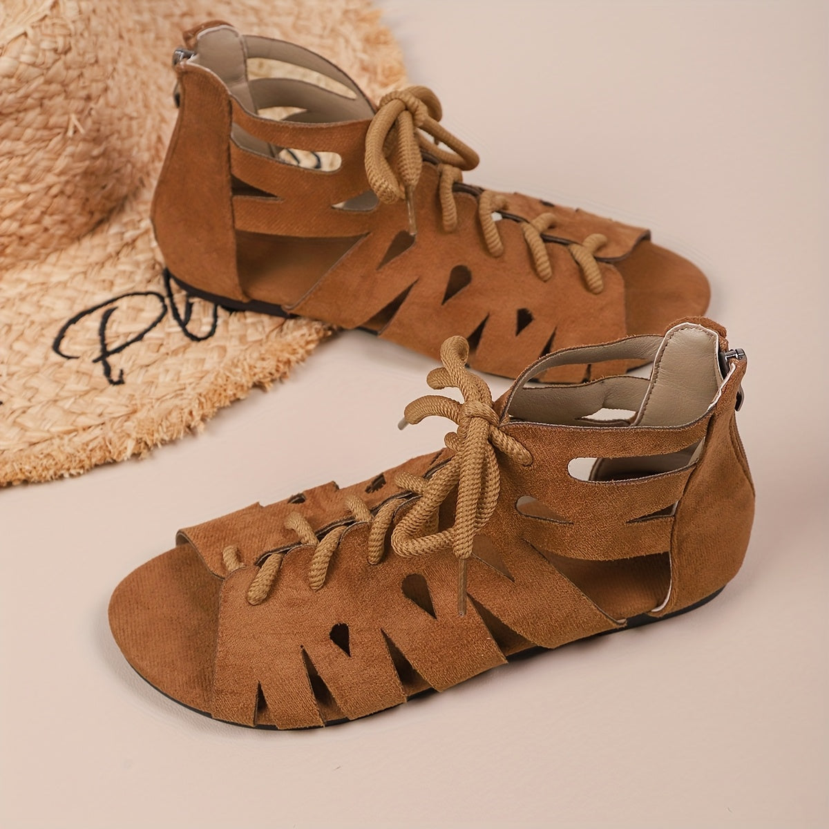 Women Retro Lace-Up Roman Shoes Peep Toe Summer Beach Footwear
