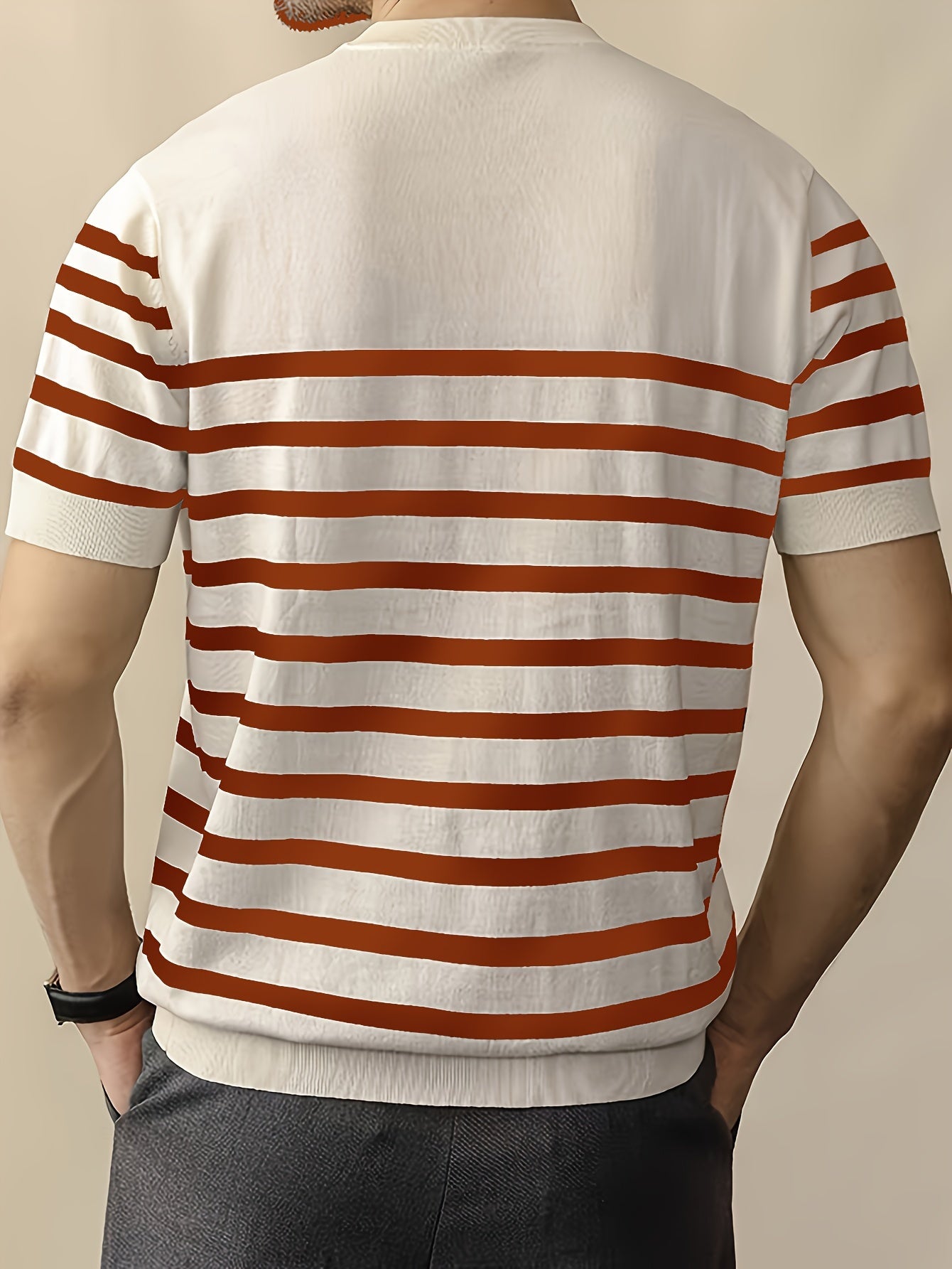 Men's Striped Knit Pullover Lightweight Casual Crew Neck Polyester All-Season