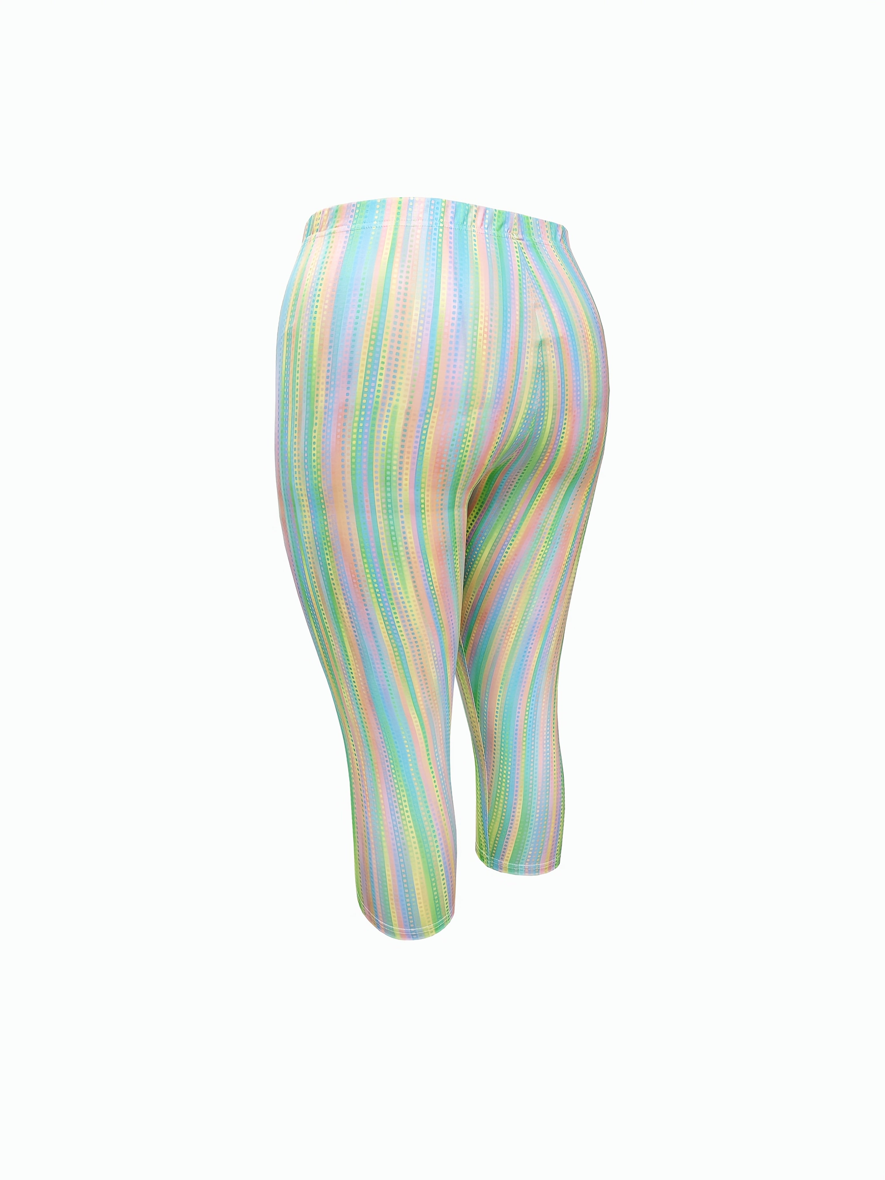Plus Size Women's Colorful Striped Capri Leggings High Waist Comfortable