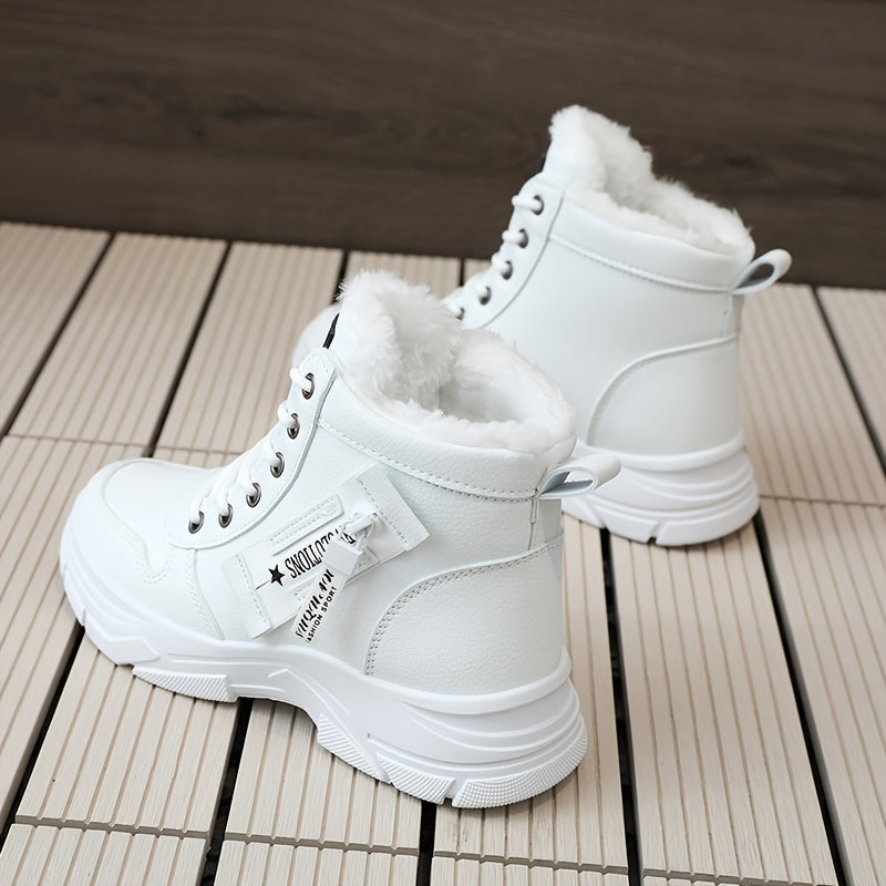 Women's Faux Leather Mid-Top Sneakers with Thick Platform Sole Beige Cold Weather Shoes