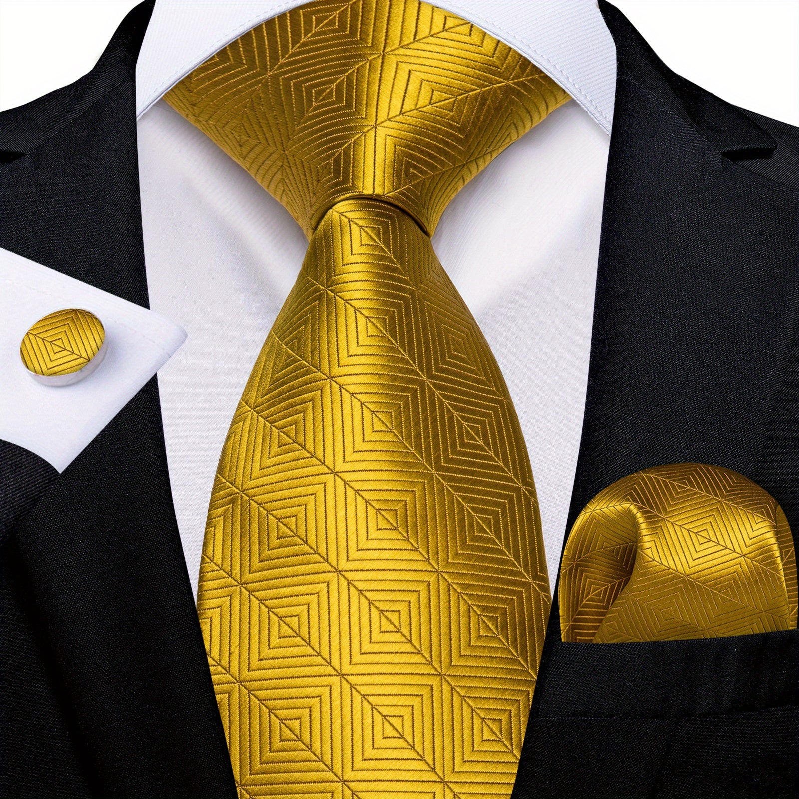 Men's Blue and Yellow Striped Tie Set with Cufflinks and Handkerchief for Business and Gift