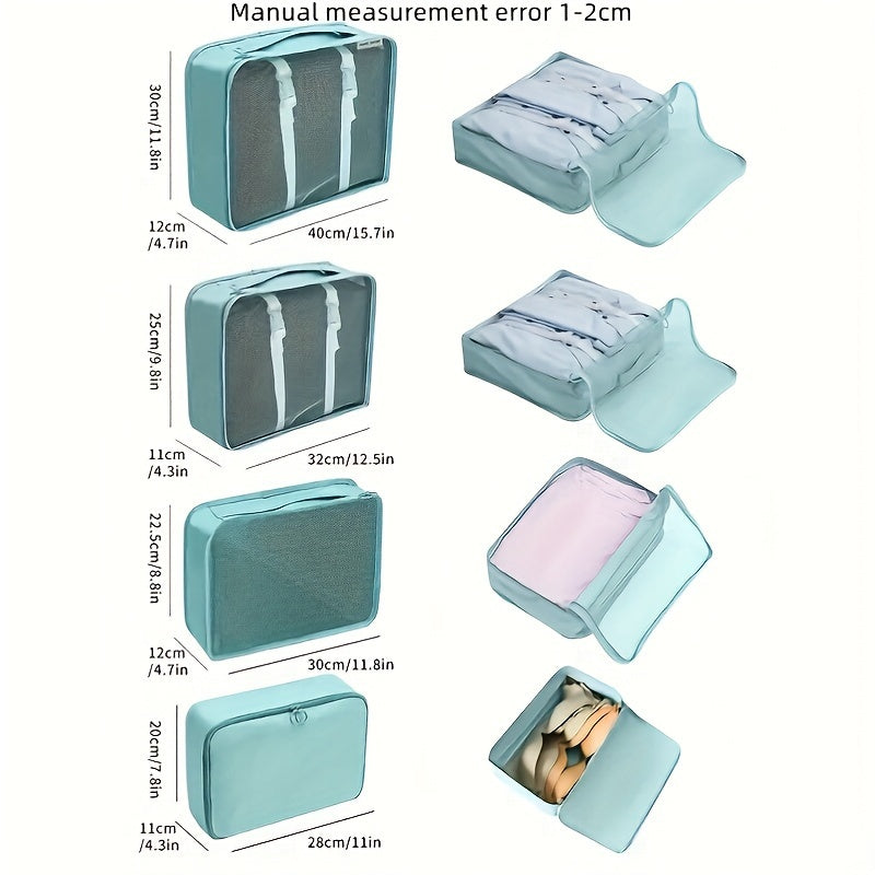 7 dona pushti sayohat tashkilotchisi to'plami, mustahkam polyesterdan tayyorlangan, kiyim, ichki kiyim, poyabzal, kosmetika va gigiena vositalarini samarali va zamonaviy saqlash uchun ilhomlantiruvchi iqtiboslar bilan.