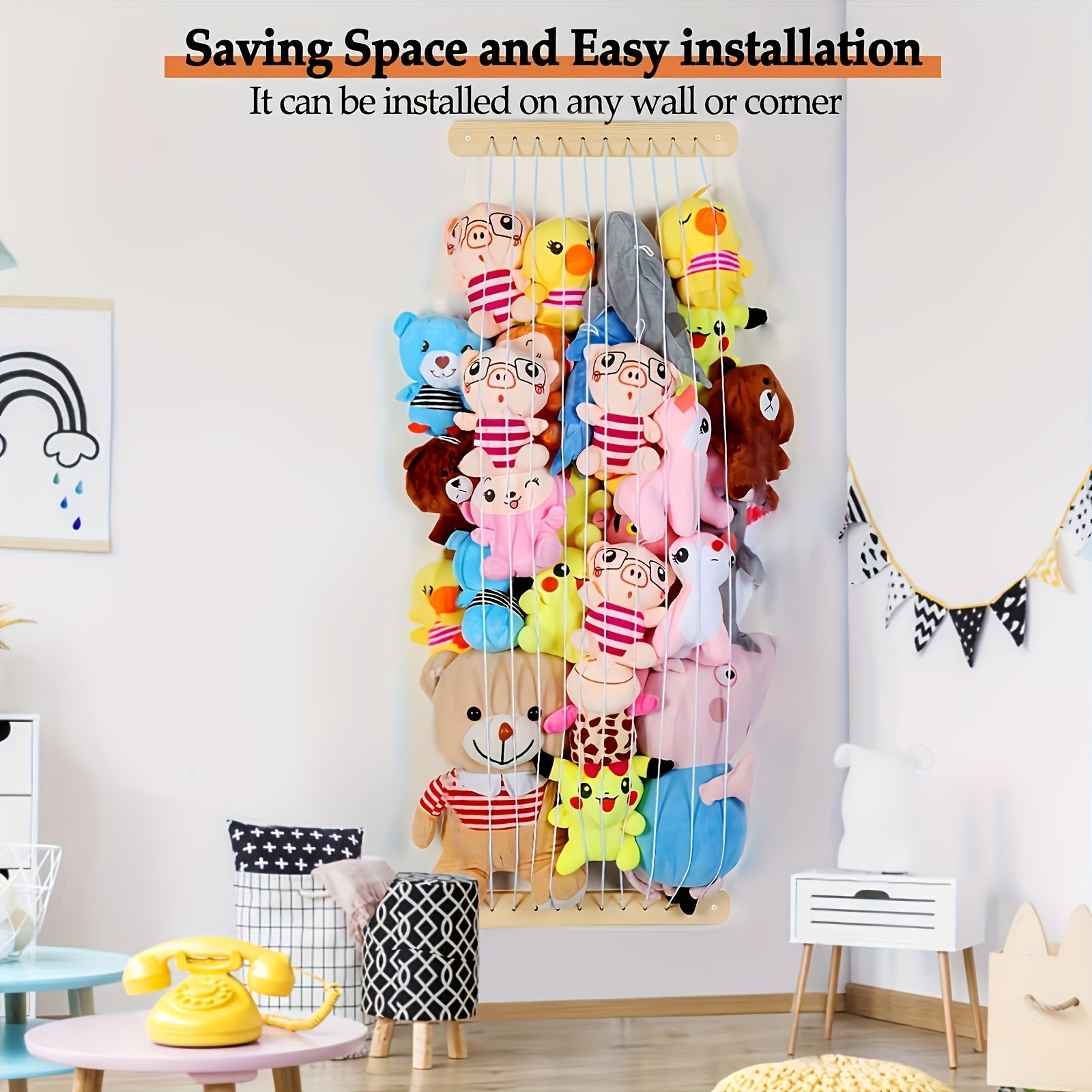 Wooden Wall-Mounted Toy Organizer Plush Animal Hammock Nursery Storage Net