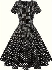 Polka Dot Short Sleeve A-line Dress for Women Spring Summer Elegant Button Front