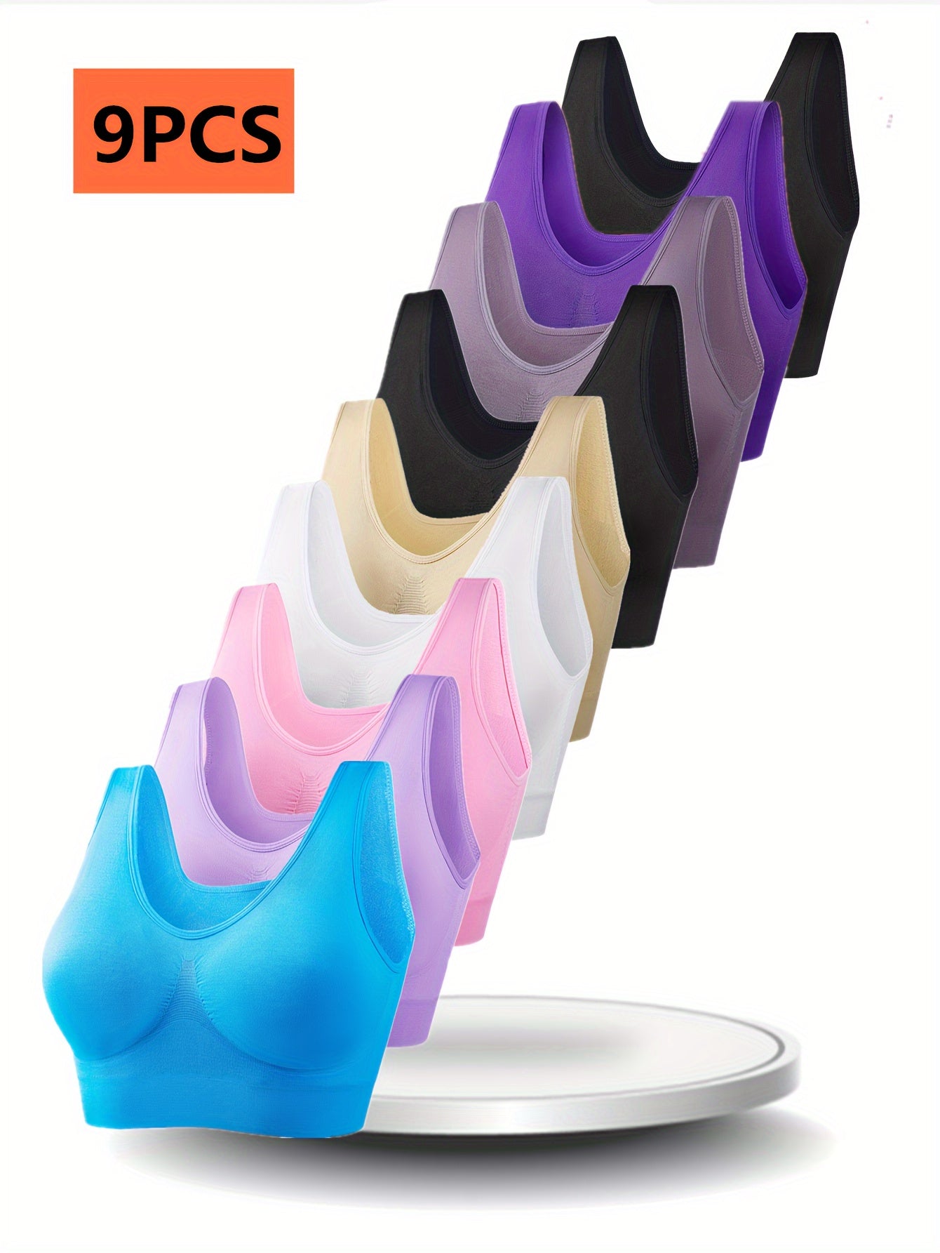 Plus Size Sports Bras Pack of 9 Breathable Nylon Wireless No Padding Solid Colors