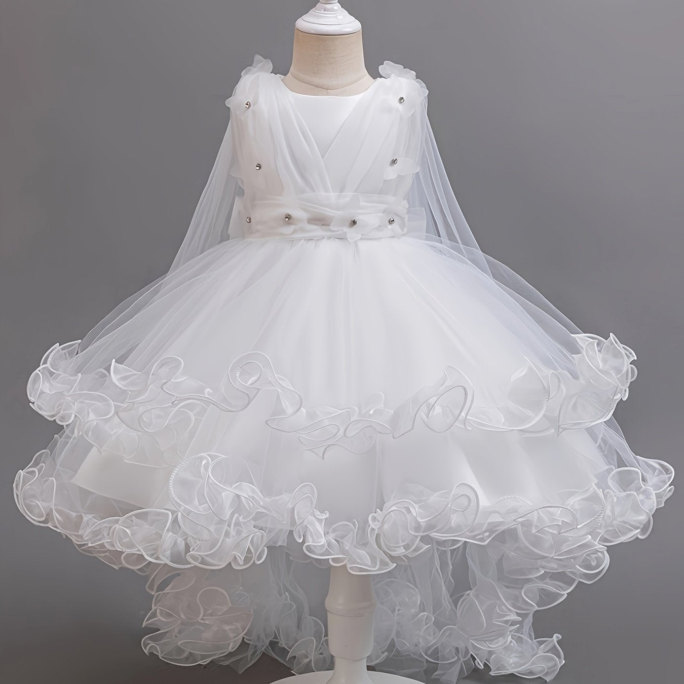 Girls Sleeveless Tulle Evening Dress with Train for Parties and Performances