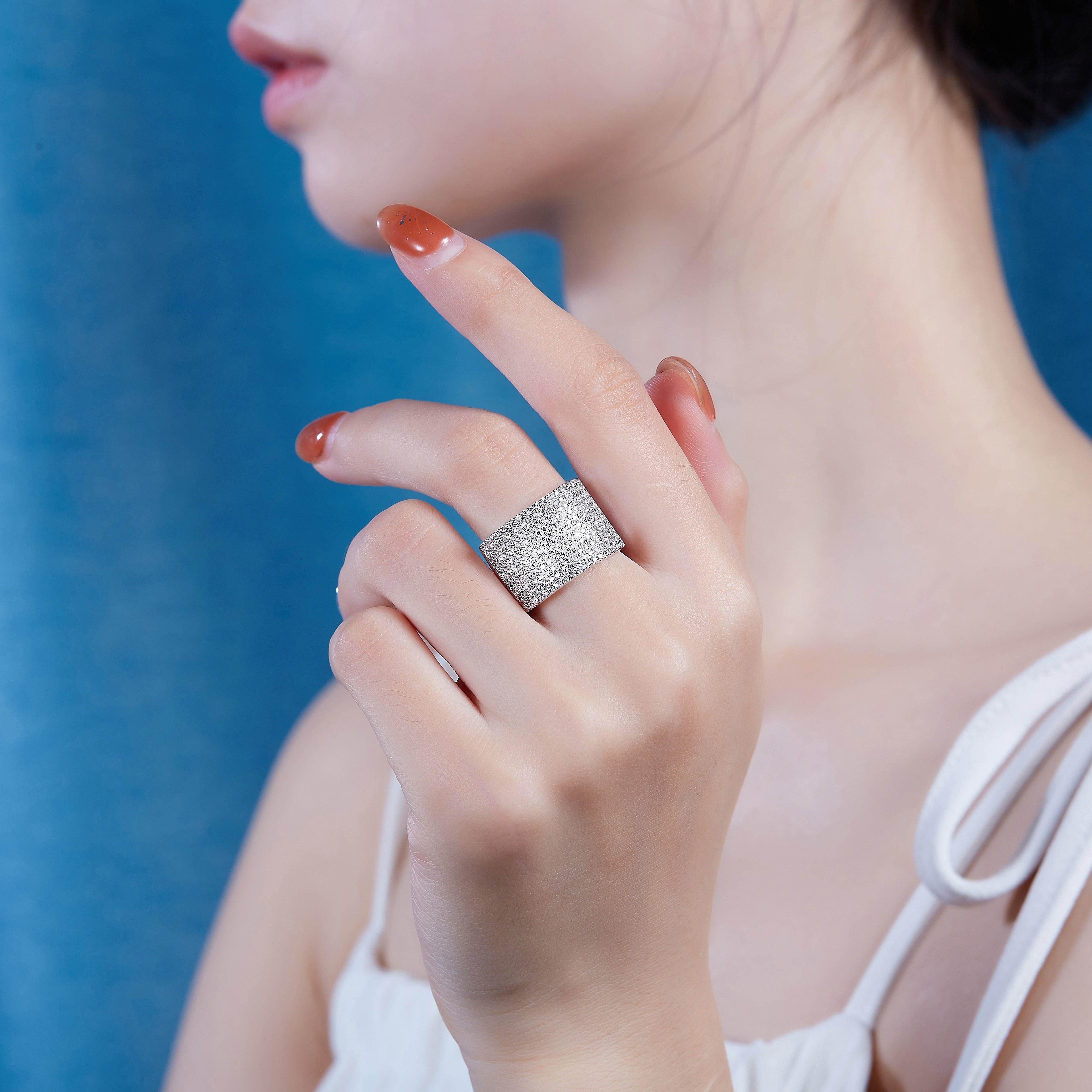 Silver Wedding Ring with Iced Out Moissanite Wide Band for Women