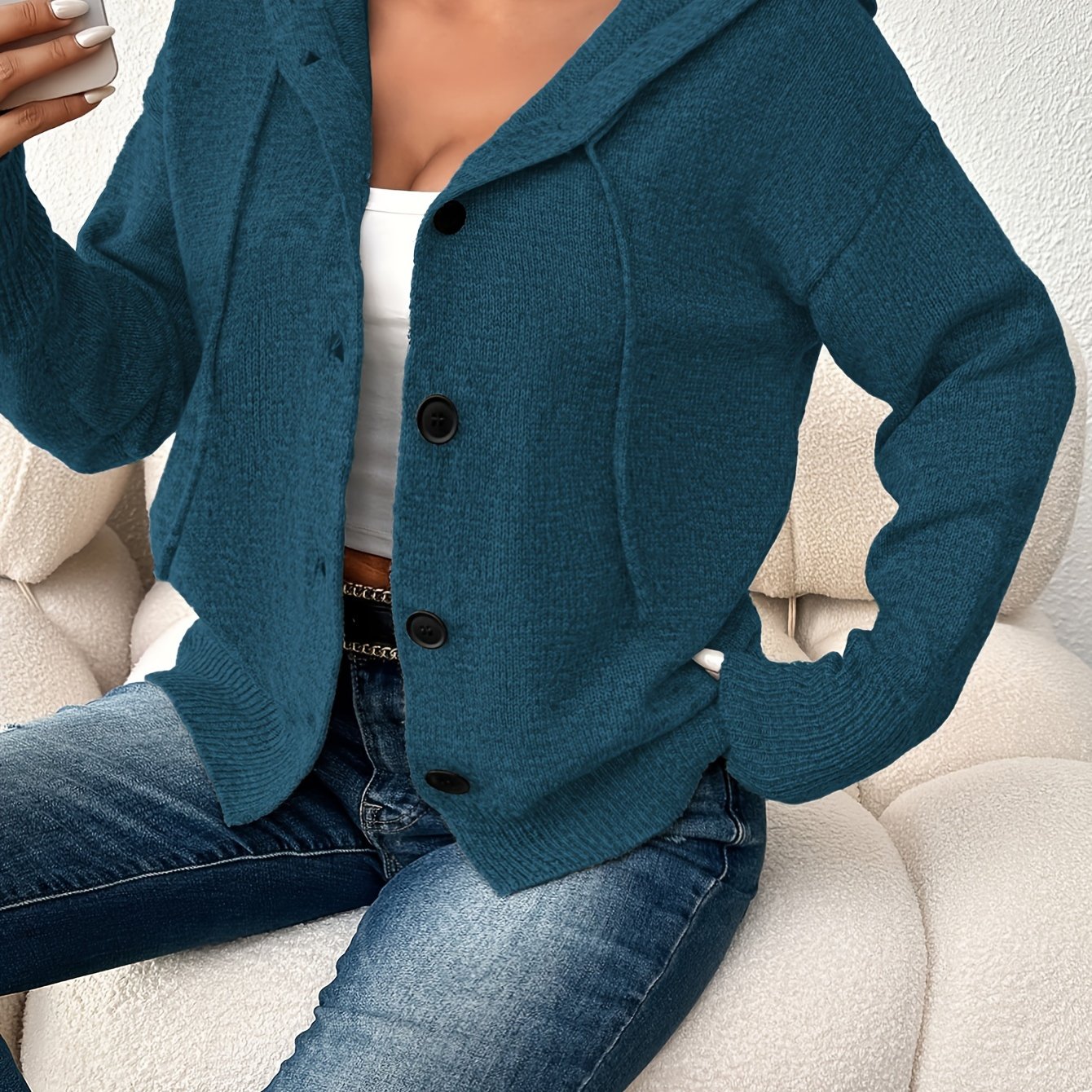 Женский кардиган с капюшоном, однородного цвета, на пуговицах, для полных женщин