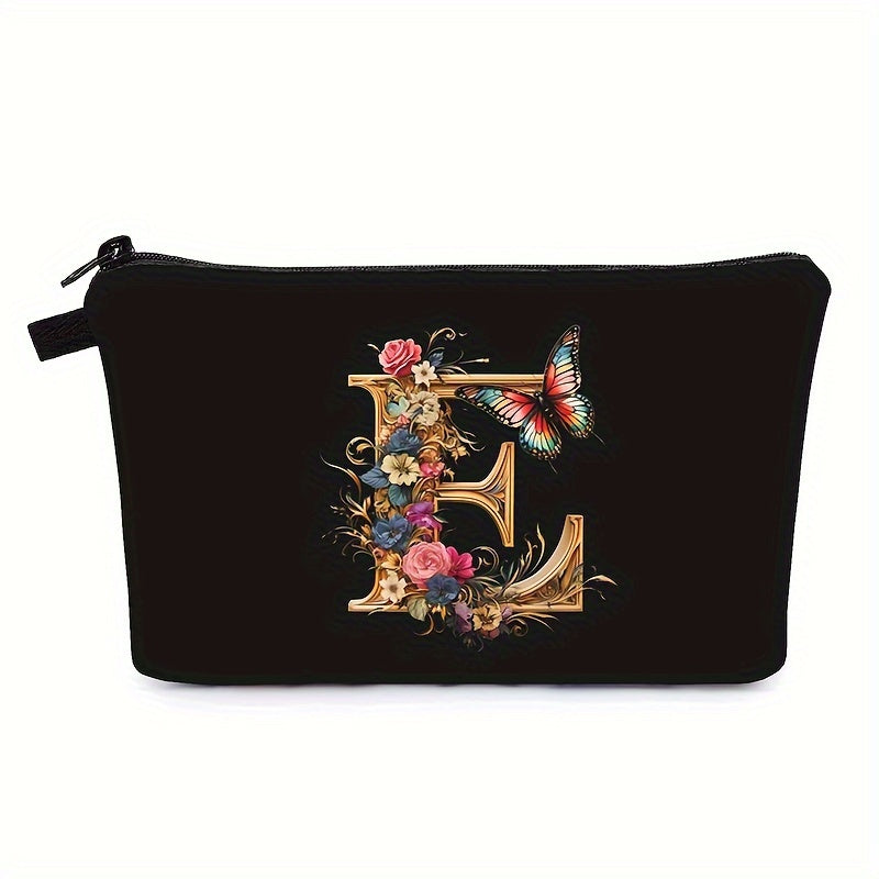 Bolsa de maquillaje negra para mujer con patrón de mariposas y flores para organizar los esenciales de belleza