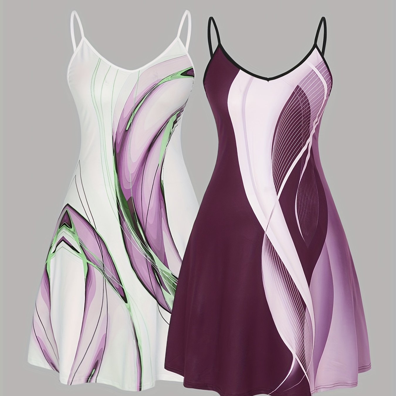 Women Plus Size V-Neck Spaghetti Strap Nightgowns White Purple Abstract Print Slip Dresses