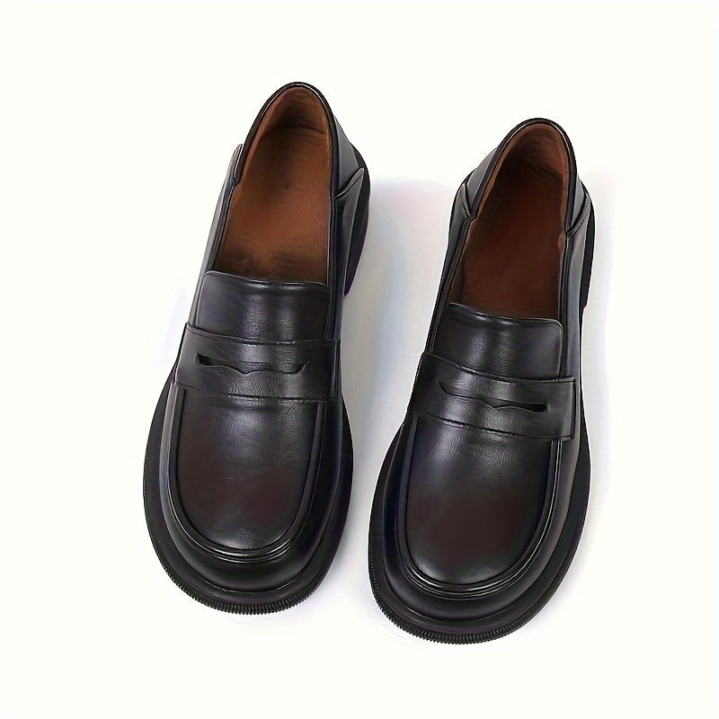 Women's Black Penny Loafers Leather-Style Round Toe All-Season Slip-On