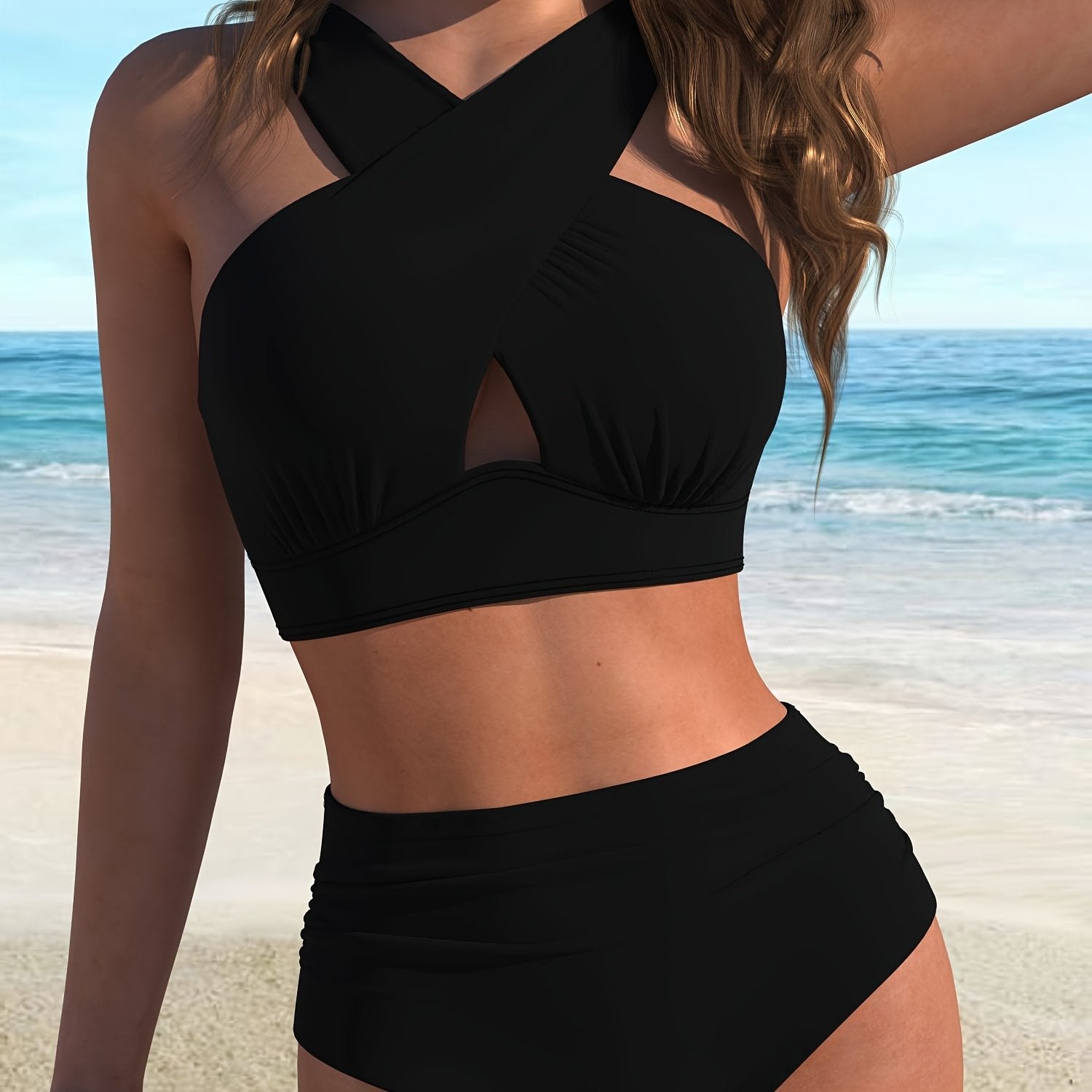 Women's Solid Color Bikini Set with High Stretch Knit Fabric Cross Front Detail