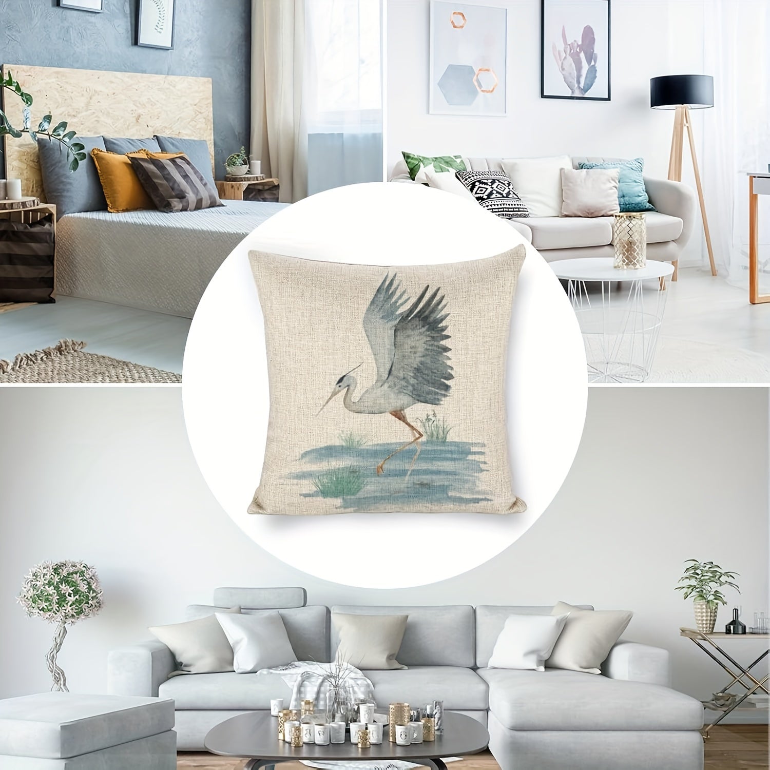 Heron Bird Linen Pillowcase Beige Blue Gray Zipper Machine Washable 1pc