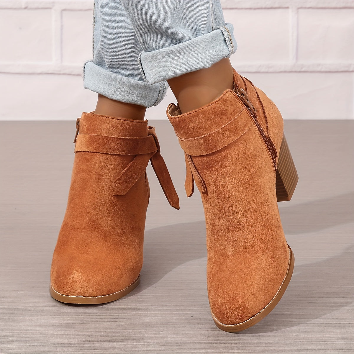 Women's Orange Ankle Boots with Chunky Heels and Side Zipper