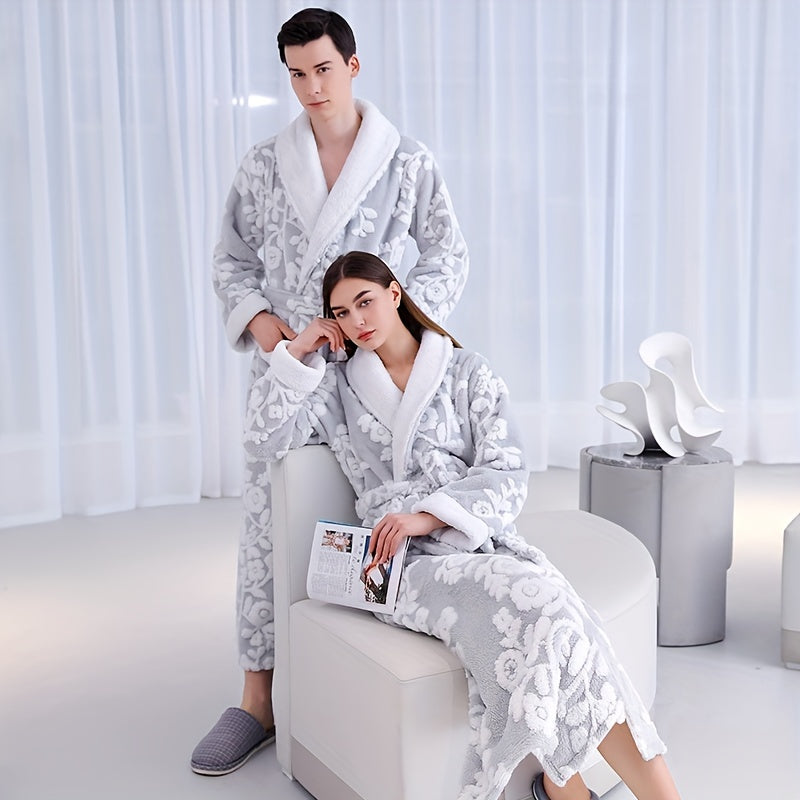 Unisex Thickened Long Bathrobe with Flower Pattern for Home and Bathroom Use