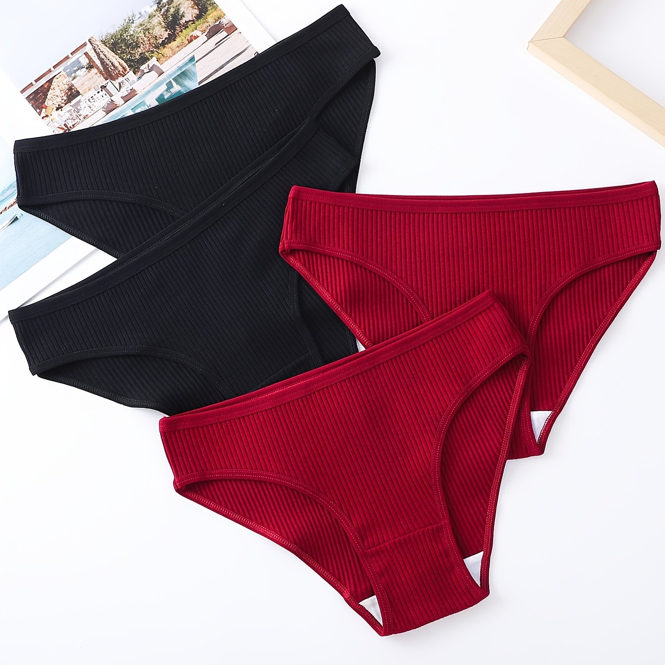 Set of 4 Women's Ribbed Cotton Briefs Comfortable Stretchy Lingerie Underwear